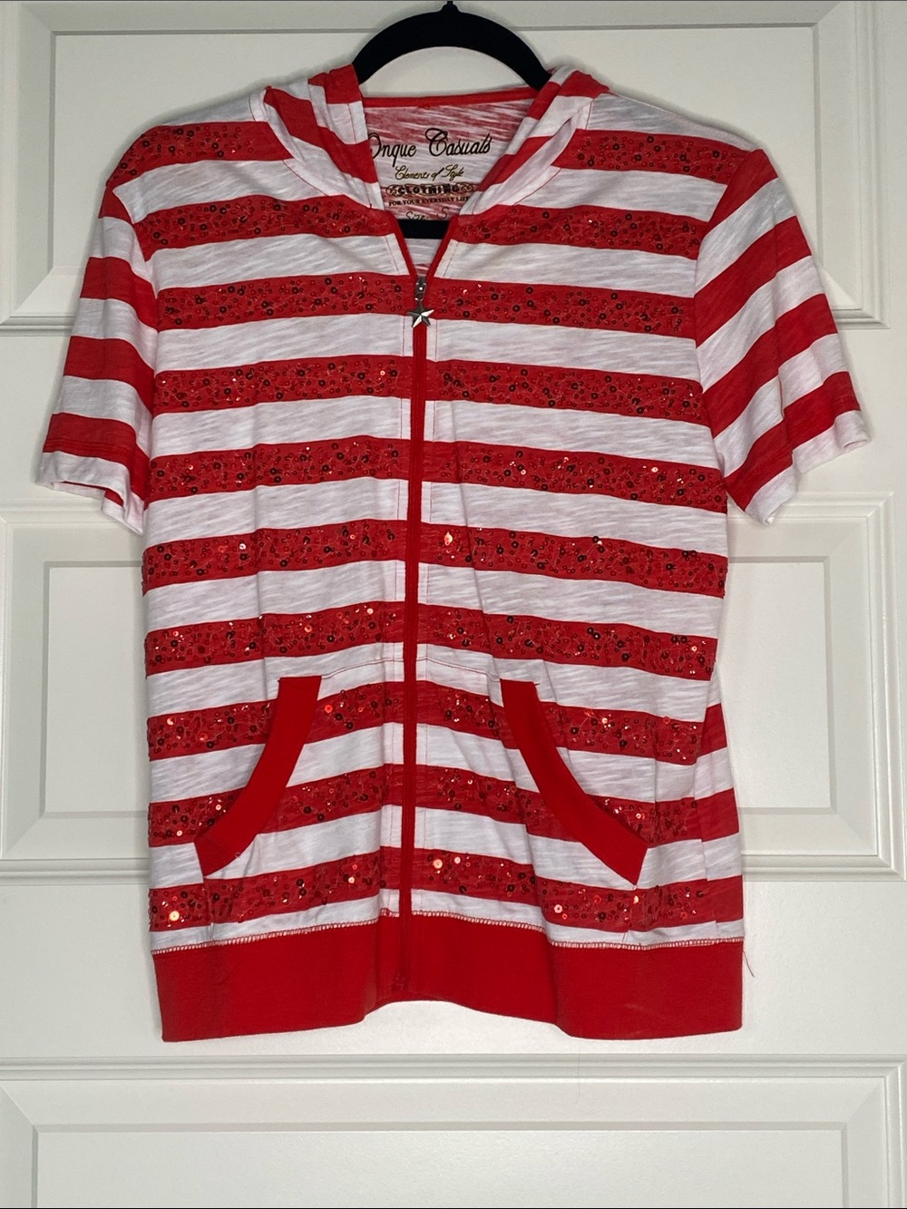 Onque Casuals Red & White Striped Zip Hoodie with Sequins
